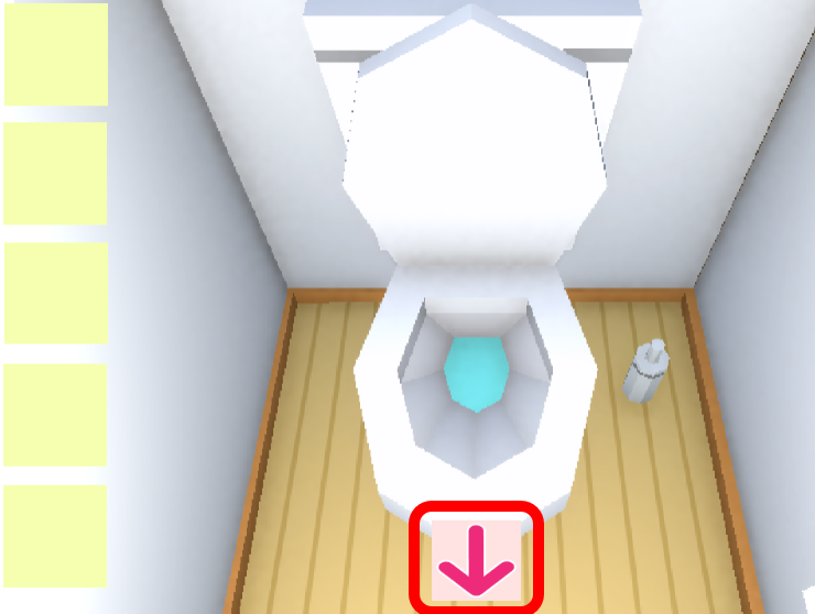 ゲーム「トイレからの脱出」拡大表示画面と、下矢印の場所を示す画像