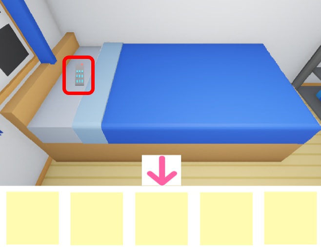 「洋室からの脱出」ベッドから枕取り除き、リモコンがあるのが分かる画像