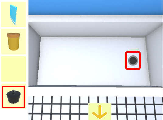 ゲーム「浴室からの脱出」お風呂の栓を入れる場所を示す画像