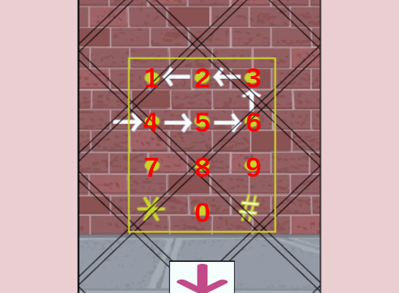「エレベーターからの脱出」1階ドアの窓から見た壁のイラスト画像+タブレットのPIN番号の解き方を説明した画像
