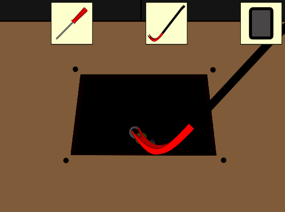 「エレベーターからの脱出」ハッチの中のカギにバールを使う画像