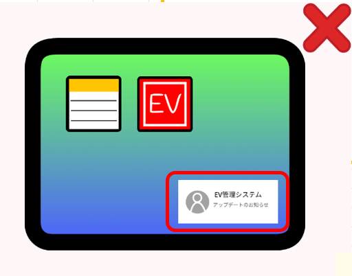 「エレベーターからの脱出」タブレットの通知の場所を示す画像