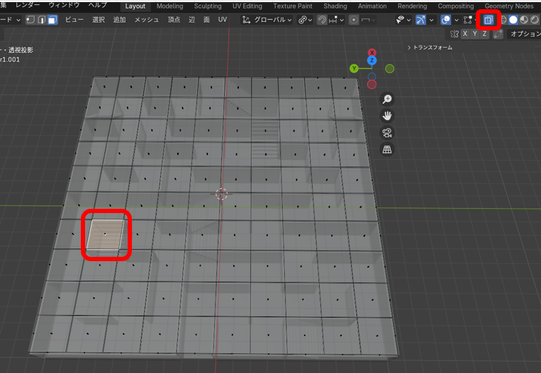 Blenderでオブジェクトの下にある「階段」の位置が分かるようにオブジェクトを透過表示させた画像