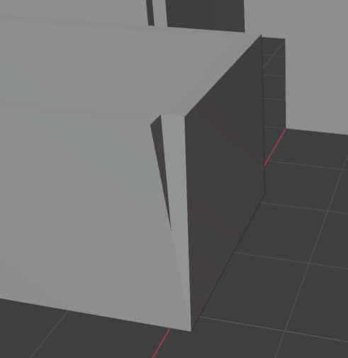 Blenderで押し出しで作成したオブジェクトにソリッド化を適用したため、面が反転して壁が割れている画像