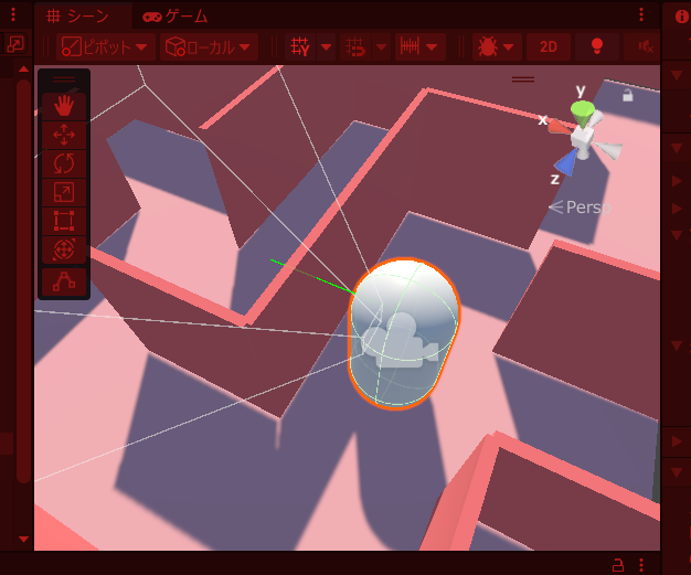 Unity立体迷路　壁を判定させるRayを可視化させた画像