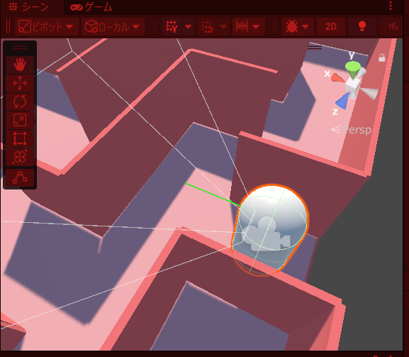 Unity立体迷路　Rayを可視化させた画像（Rayが壁に当たってない状態）