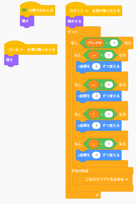 Scratchでダンジョン風迷路ゲームを作る①プレイヤーのコードブロック画像（移動変数によって条件を分岐）