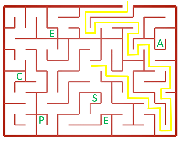 Scratch「迷路からの脱出」マップ全体図の最短ルート、スタンプの場所を示す画像