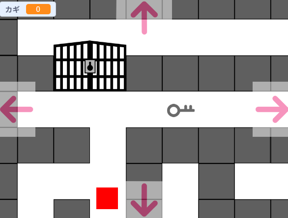 Scratchで迷路を作る　 迷路内に「カギ」と「ゲート」を配置した画像