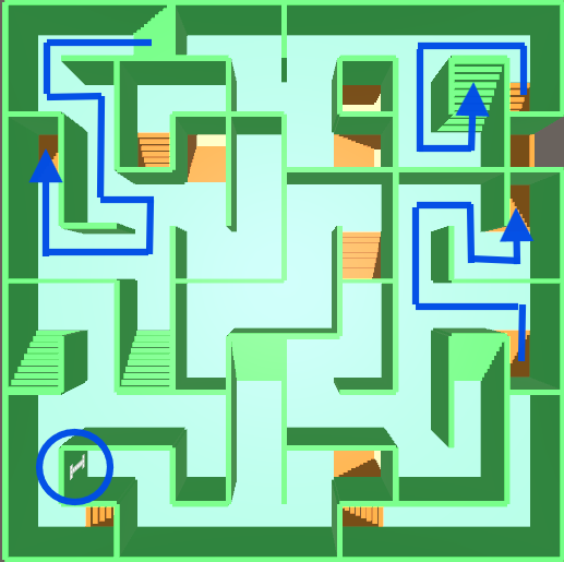 Unity製「立体迷路」2階フロアマップと最短ルート、CODEアルファベットの場所を示す画像