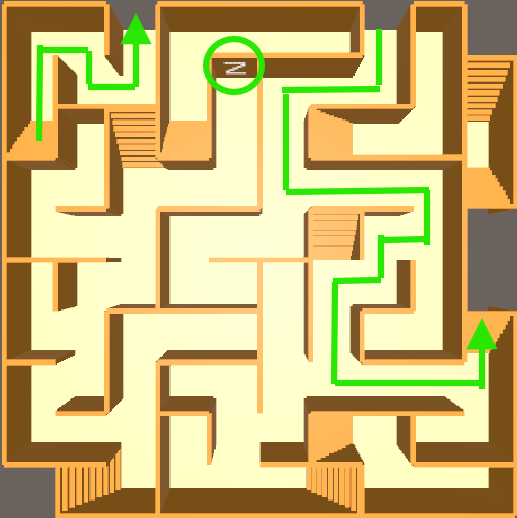 Unity製「立体迷路」1階フロアマップと最短ルート、CODEアルファベットの場所を示す画像
