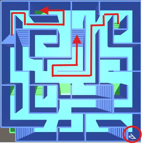 Unity製「立体迷路」3階フロアマップと最短ルート、CODEアルファベットの場所を示す画像