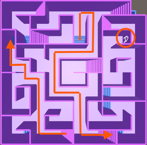 Unity製「立体迷路」4階フロアマップと最短ルート、CODEアルファベットの場所を示す画像