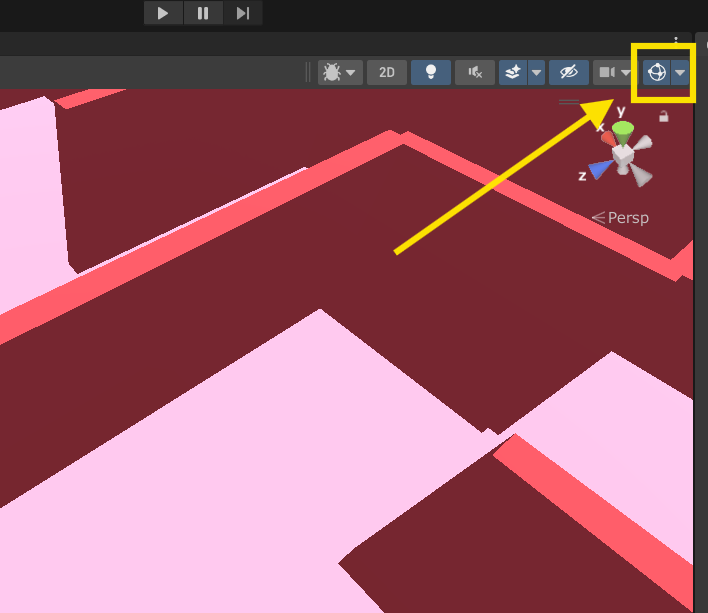 Unity　シーンビューの「Gizmos」ボタンの場所を示す画像