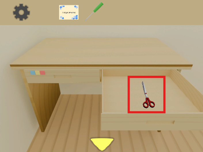 Room of Memories ～遺された部屋～攻略ガイド①　机引出し右をカギで開き、中から「はさみ」を取得する画像